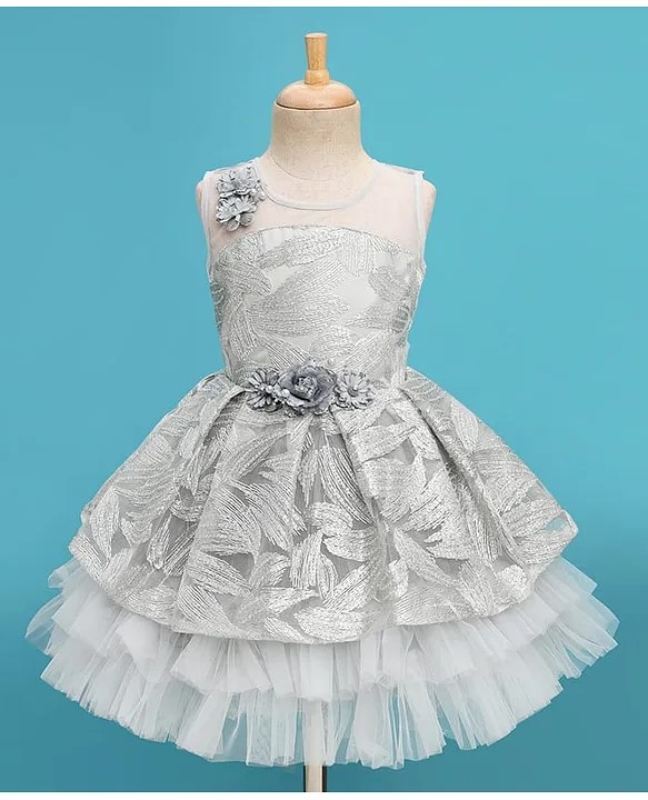Enfance Sleeveless Flower Applique Detailed & Sequins Embellished Knee Length Dress - Grey